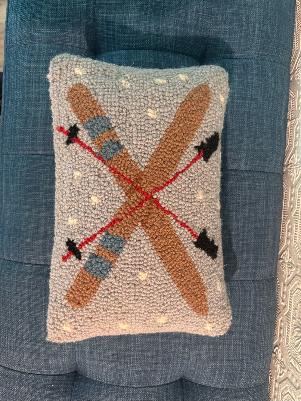 Handcrafted Ski Pattern Accent Pillow in Light Gray and Tan